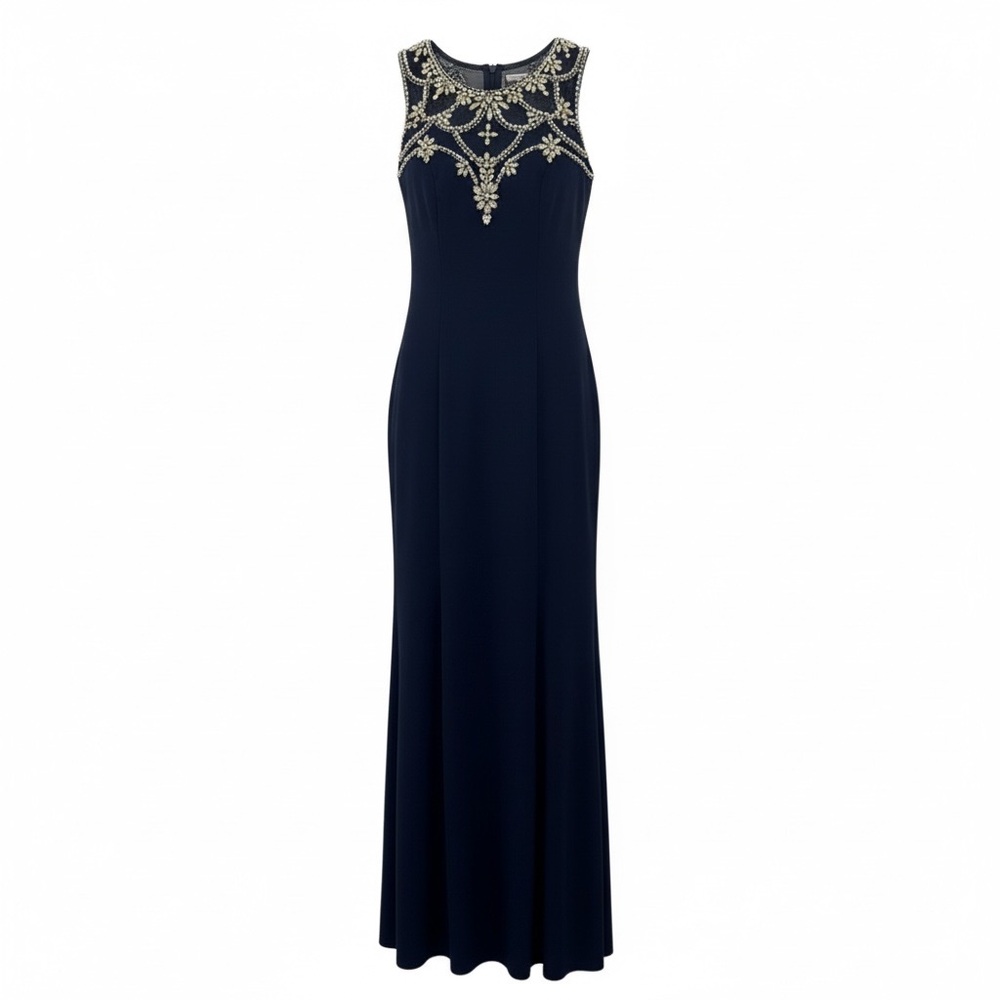 Betsy & Adam Navy Fit & Flare Gown | Beaded Bodice, Slit w/ Turquoise Lining